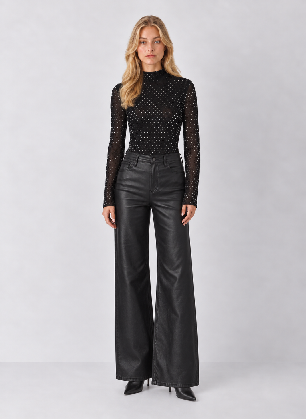 Rhinestone Mesh Mock Neck Top
