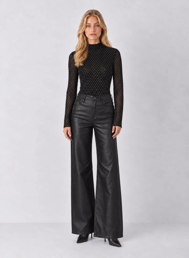 Rhinestone Mesh Mock Neck Top
