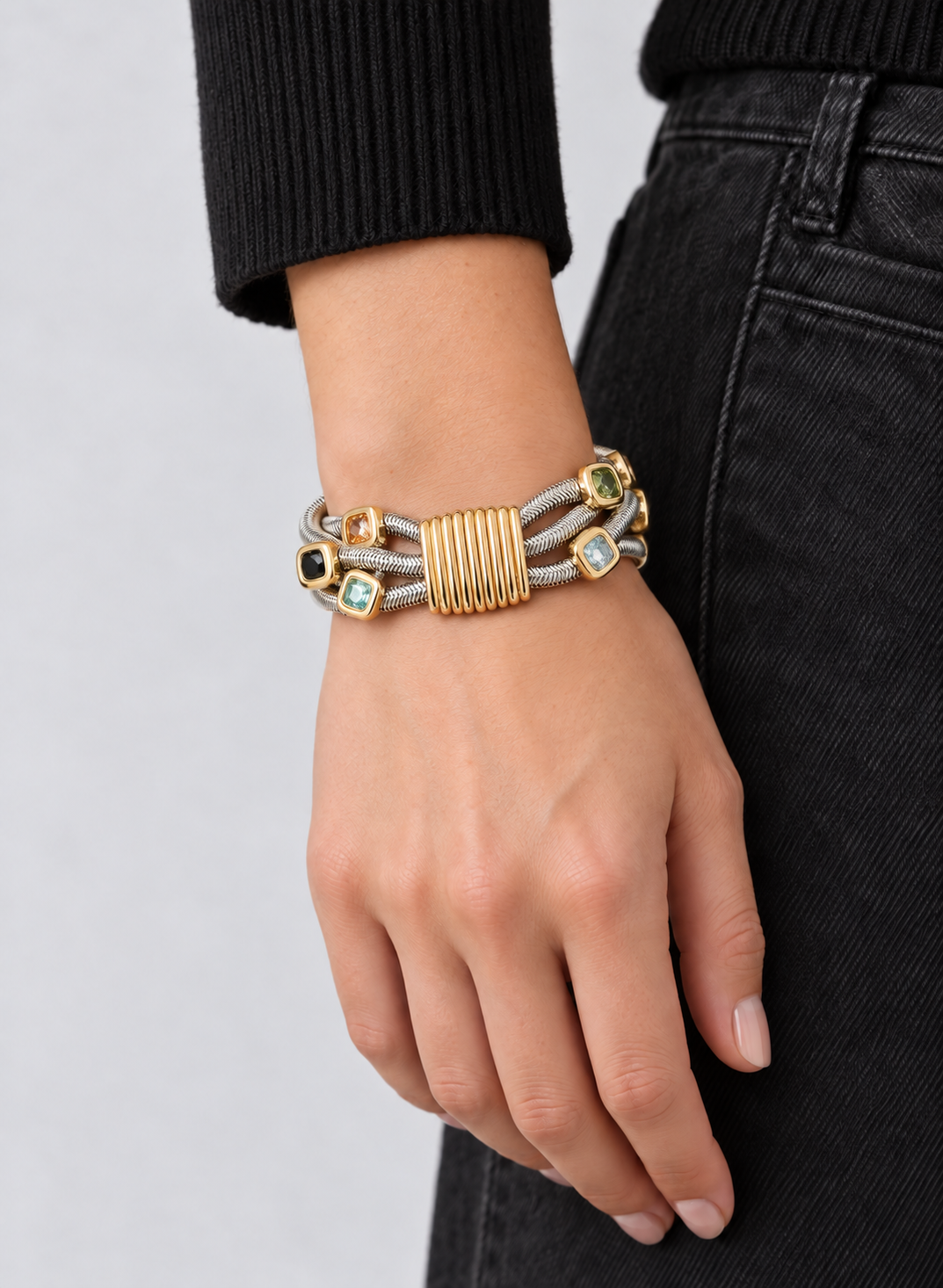 Mixed Metal Gemstone Coil Bracelet