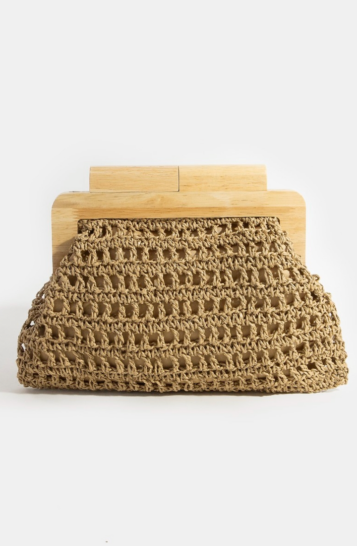 Straw Braided Wooden Top Frame Clutch Bag