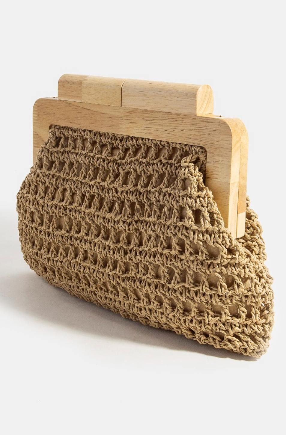 Straw Braided Wooden Top Frame Clutch Bag