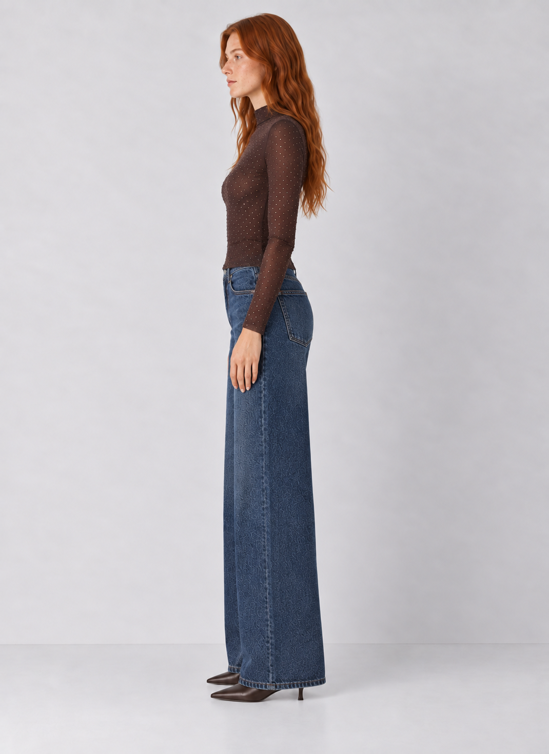 Rhinestone Mesh Mock Neck Top