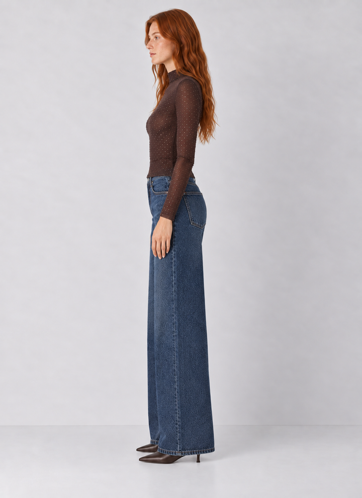 Rhinestone Mesh Mock Neck Top