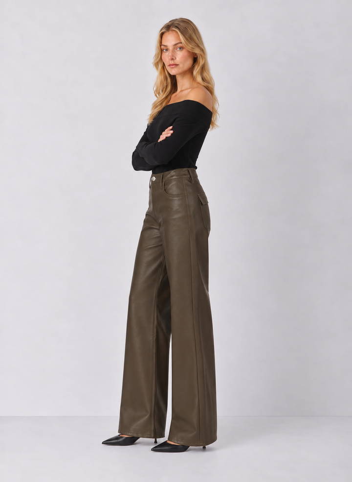 Dear John Fiona Wide Leg Leather Jeans - Oakmoss