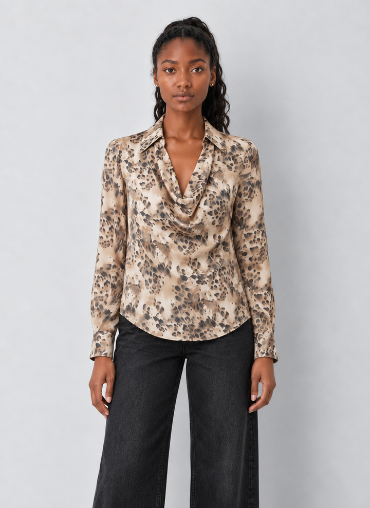 Leopard Printed Cowl Neck Collared Blouse