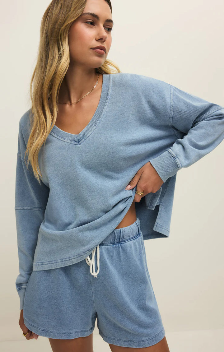 Z Supply Delphine Knit Denim V-Neck Sweatshirt