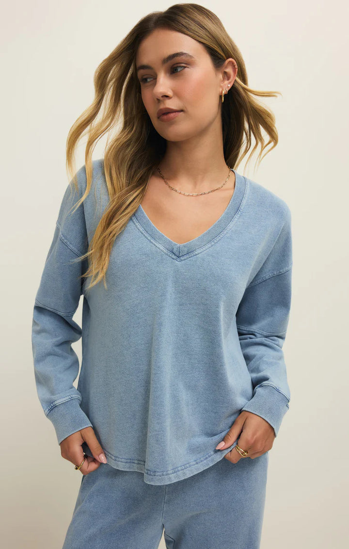 Z Supply Delphine Knit Denim V-Neck Sweatshirt