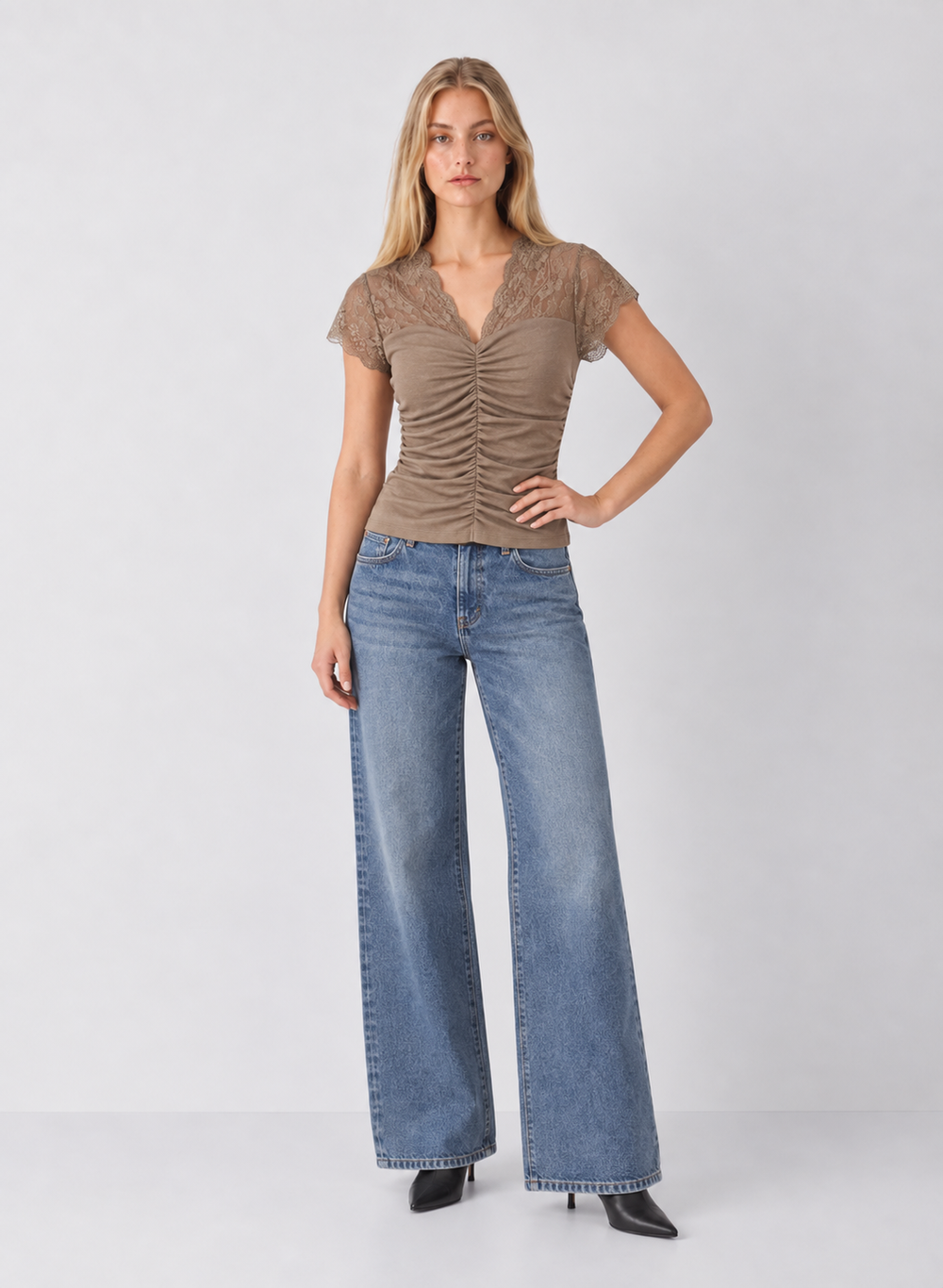 Ruched Knit Lace V-Neck Top