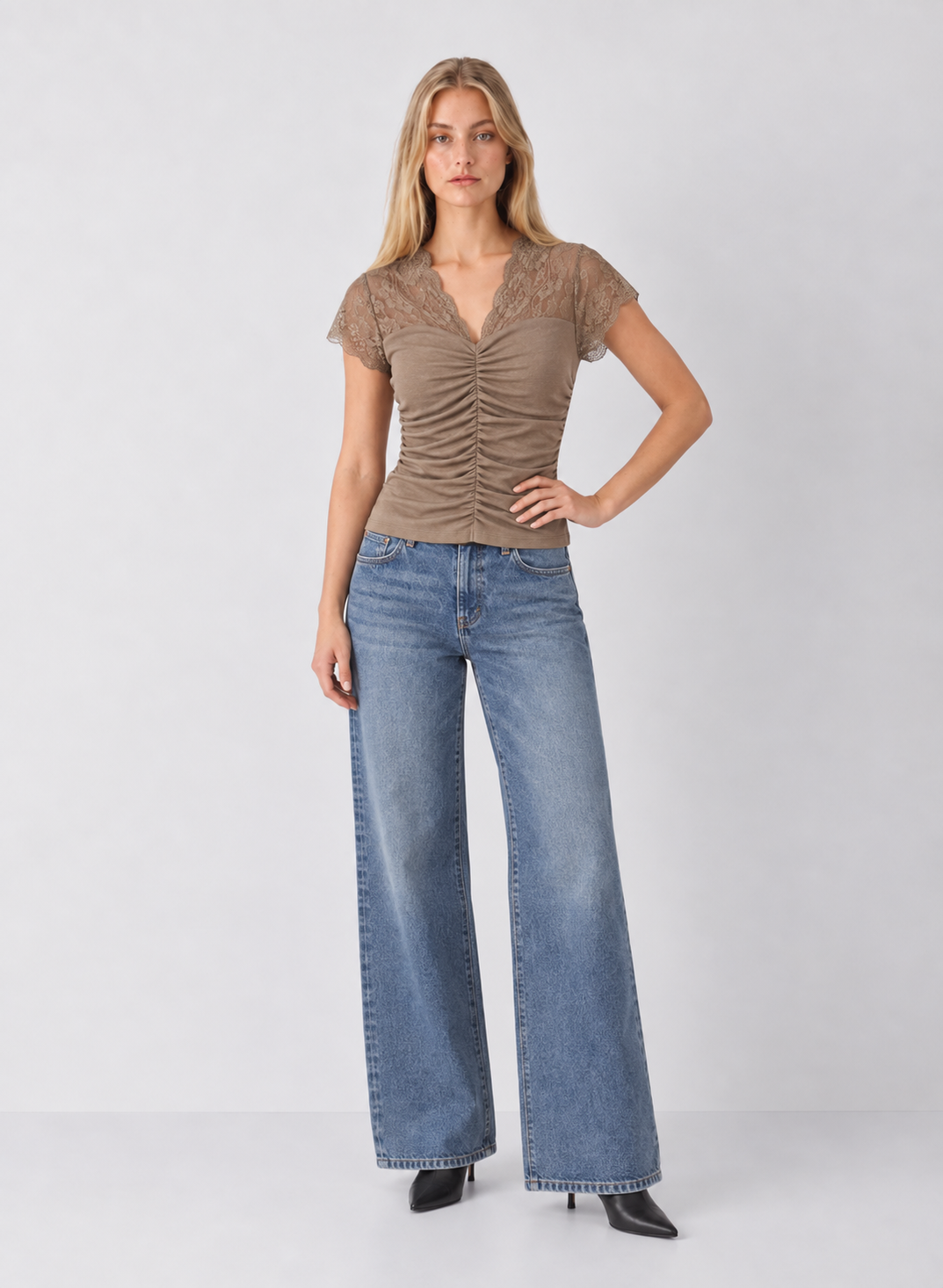 Ruched Knit Lace V-Neck Top