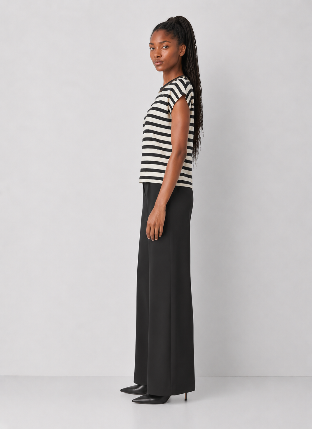Chain Trim Cap Sleeve Striped Knit Top