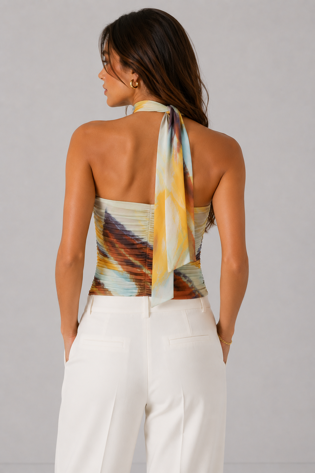 One-Shoulder Ruched Top with Tie Detail - Yellow