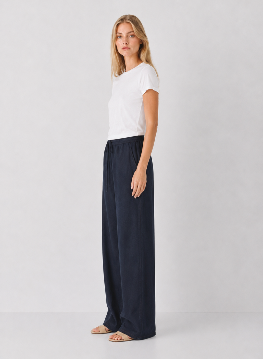 Drawstring Linen Blend Wide Leg Pants