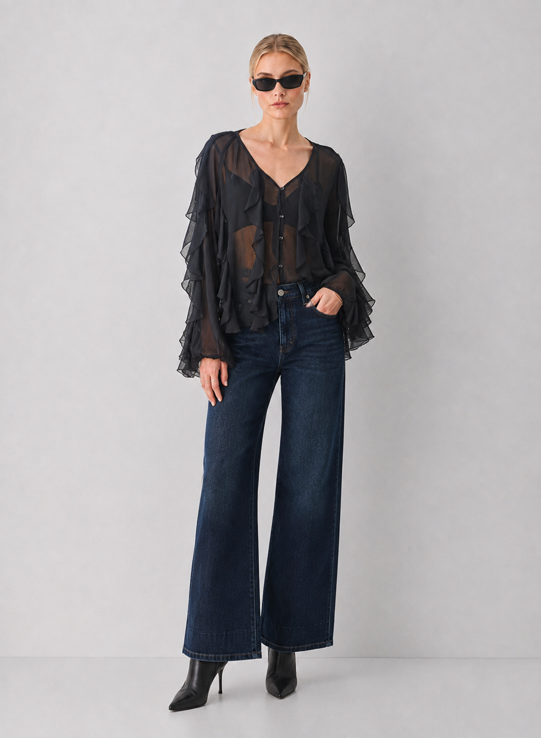 Ruffled V-Neck Button Down Top