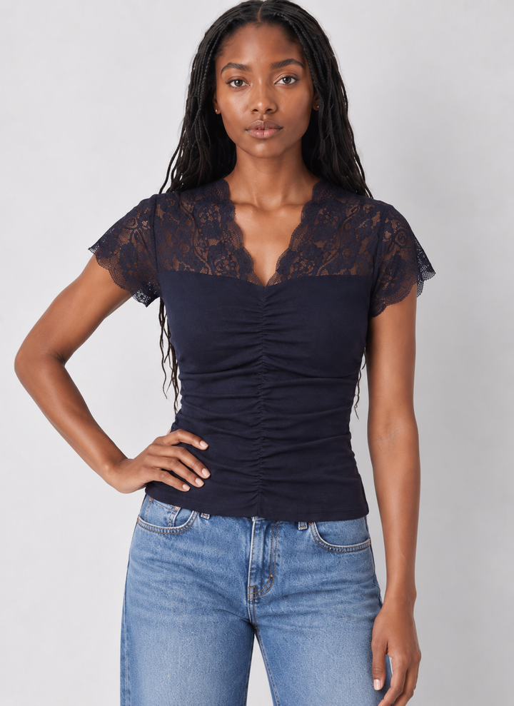 Ruched Knit Lace V-Neck Top