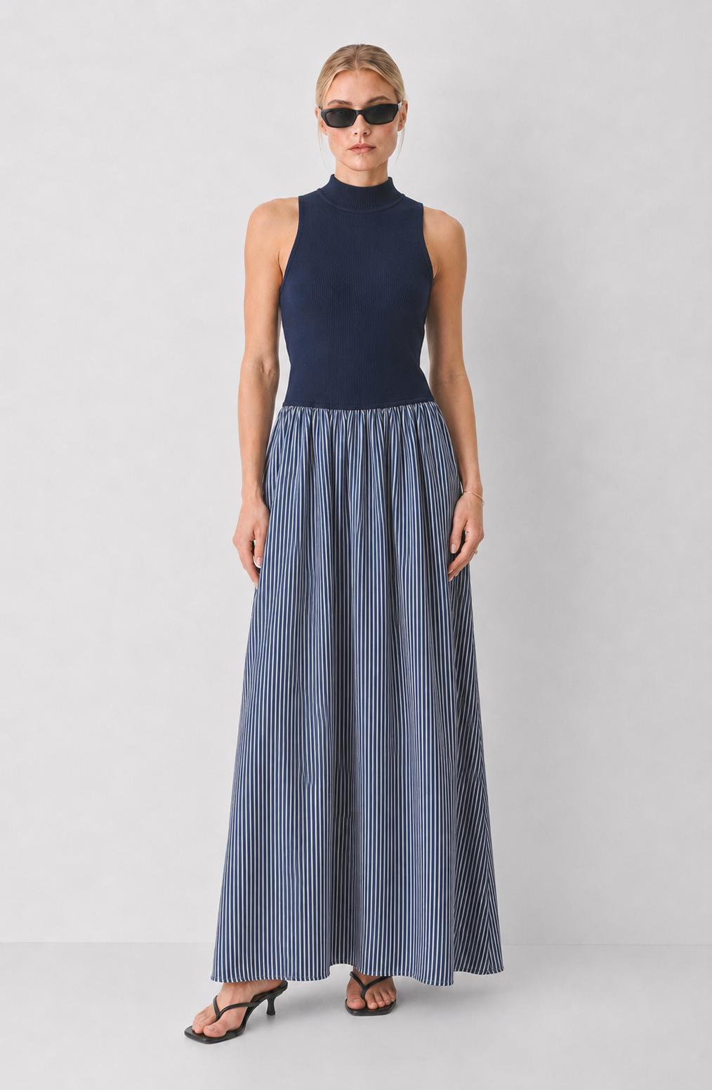 Elan Stripe Maxi Mock Neck Dress