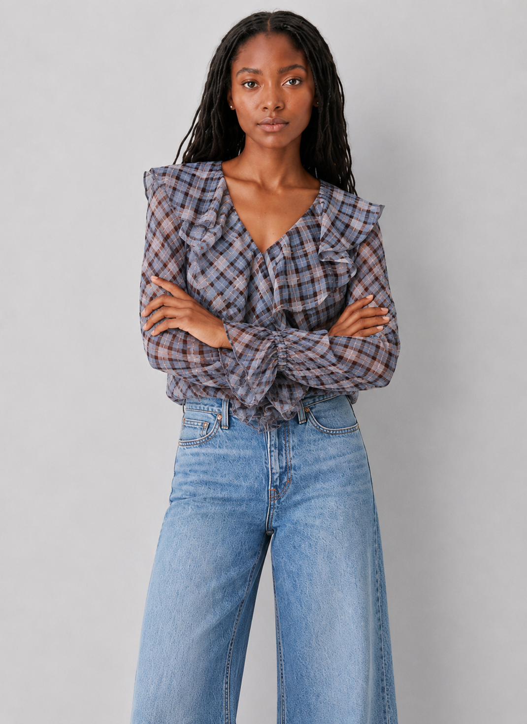 Delaney Ruffle Plaid Blouse