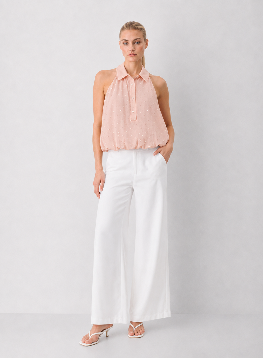 Polka Dot Embroidered Button Top