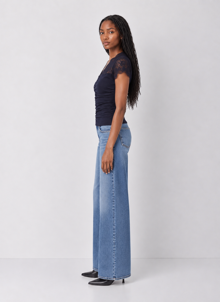 Ruched Knit Lace V-Neck Top