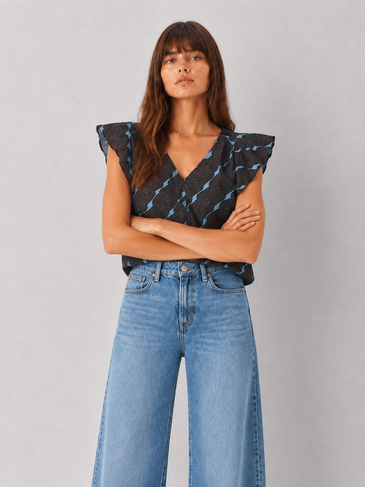 Abstract Geo Flutter Sleeve Blouse