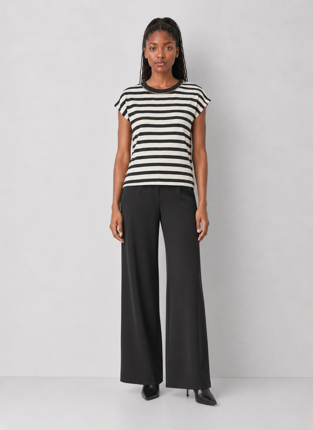 Chain Trim Cap Sleeve Striped Knit Top