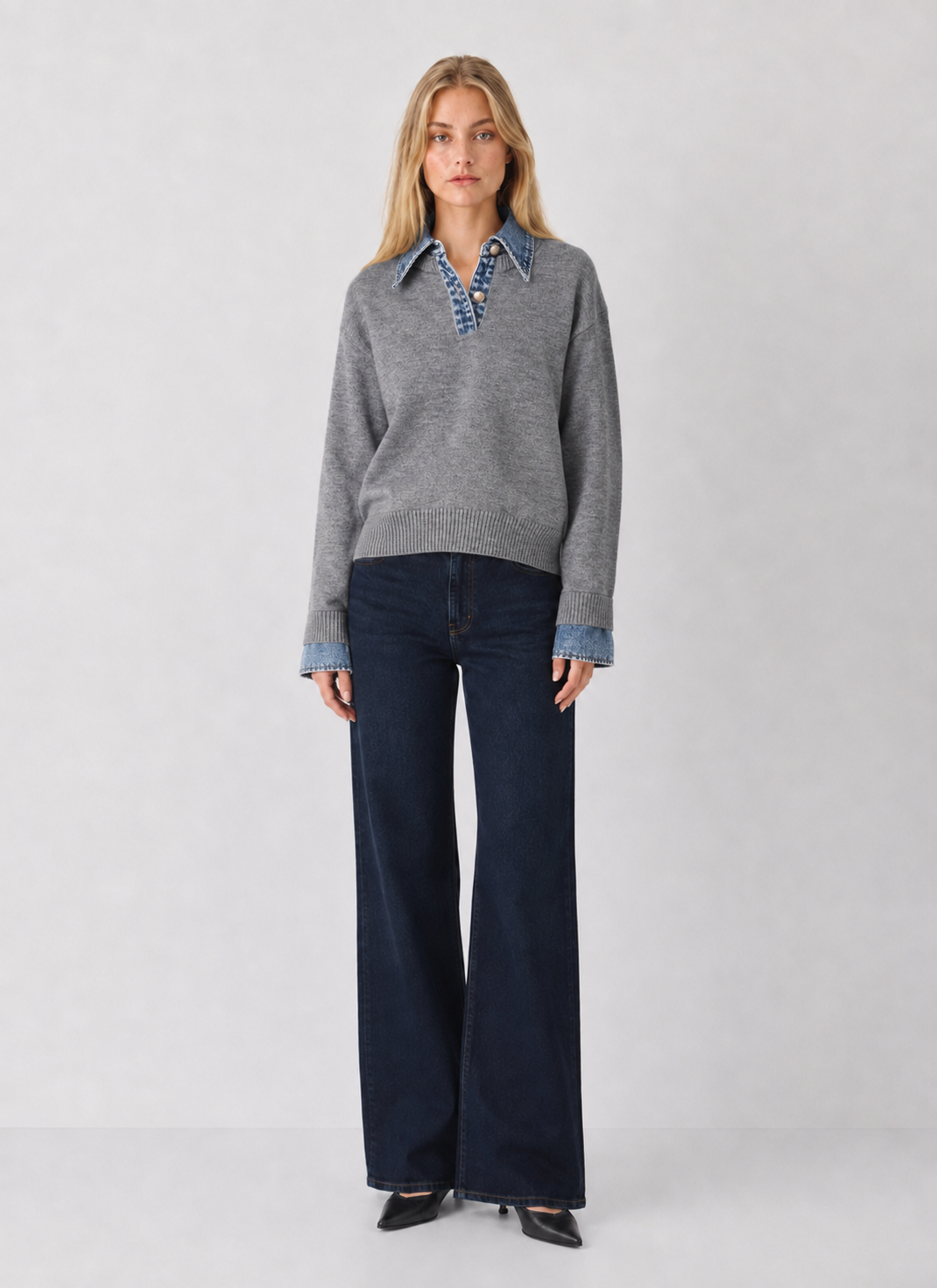 Denim Contrast Knit Sweater