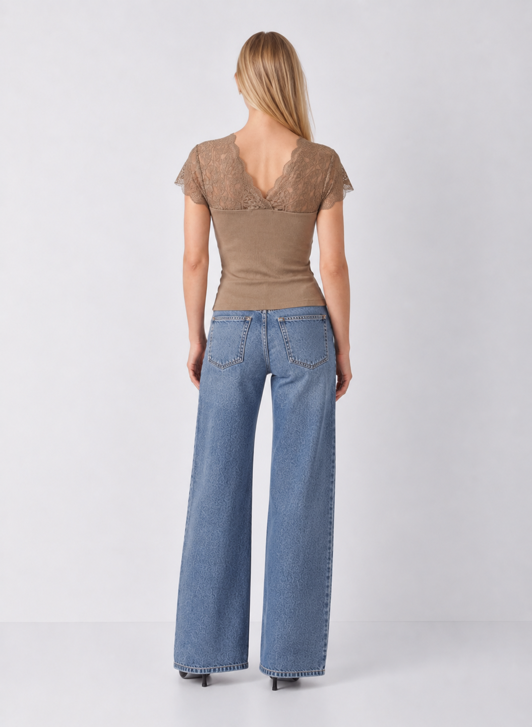 Ruched Knit Lace V-Neck Top