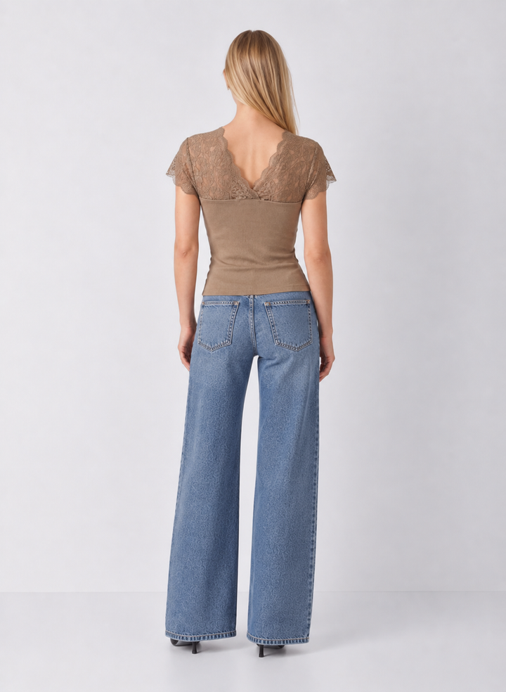 Ruched Knit Lace V-Neck Top