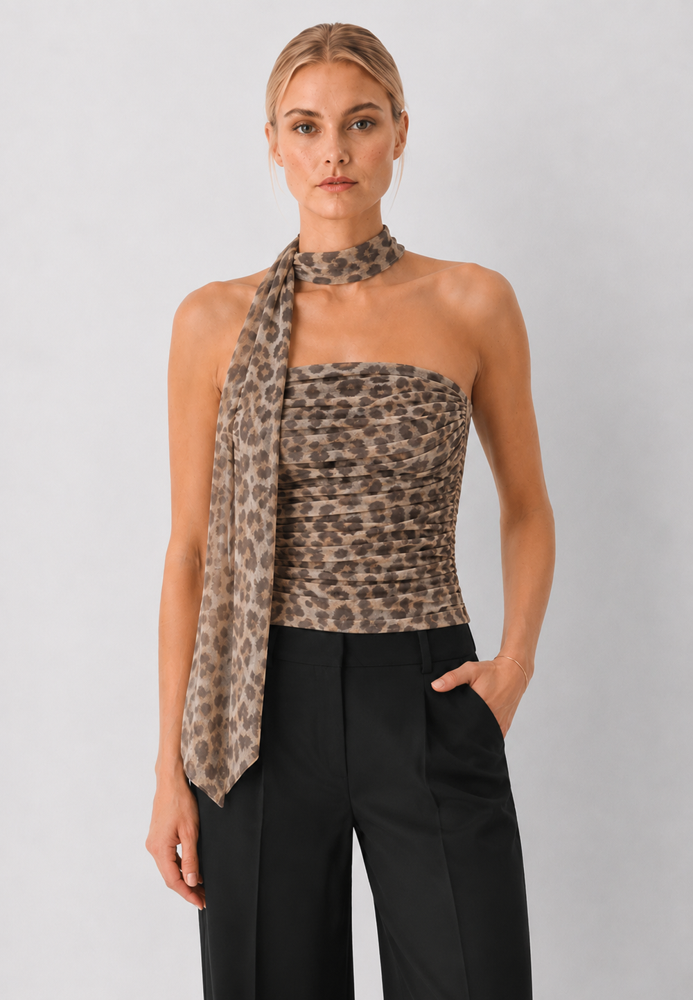 Ruched Tube Top with Tie Detail - Leopard
