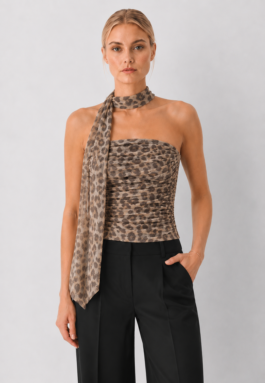 Ruched Tube Top with Tie Detail - Leopard