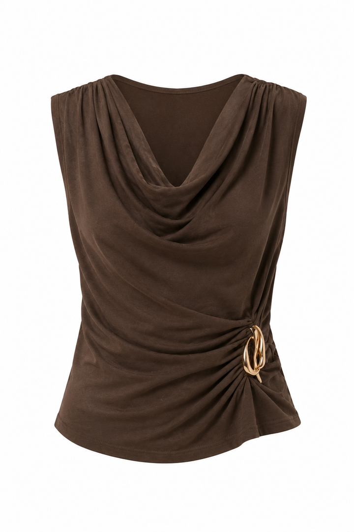Sleeveless Draped Top With Gold Detail