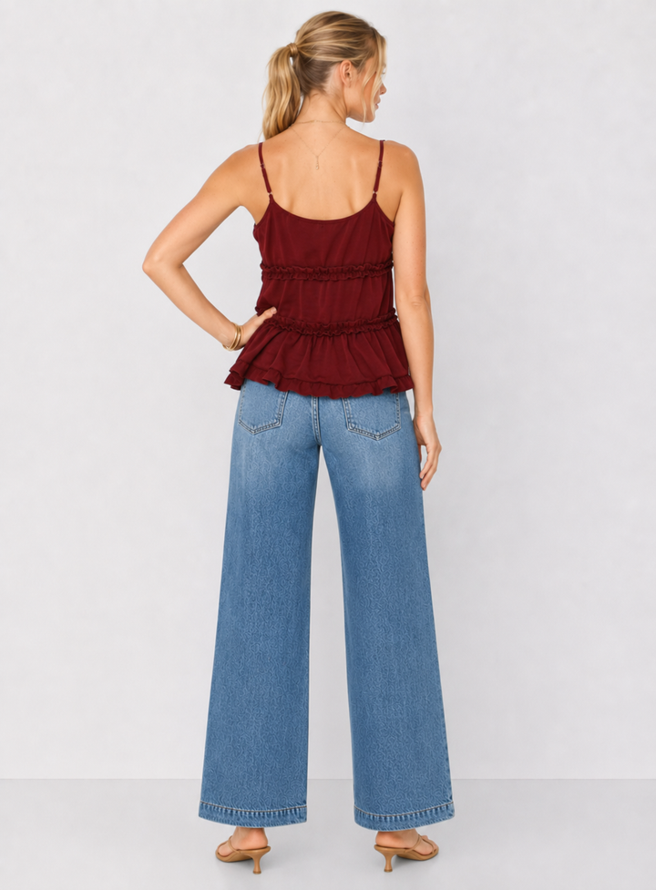 Tiered Tie Front Ruffle Detail Sleeveless Top