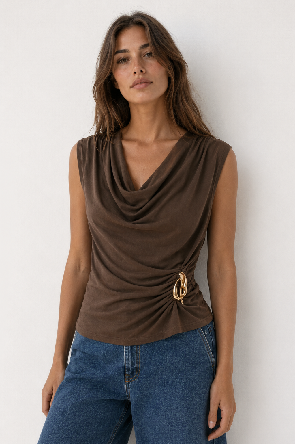 Sleeveless Draped Top With Gold Detail