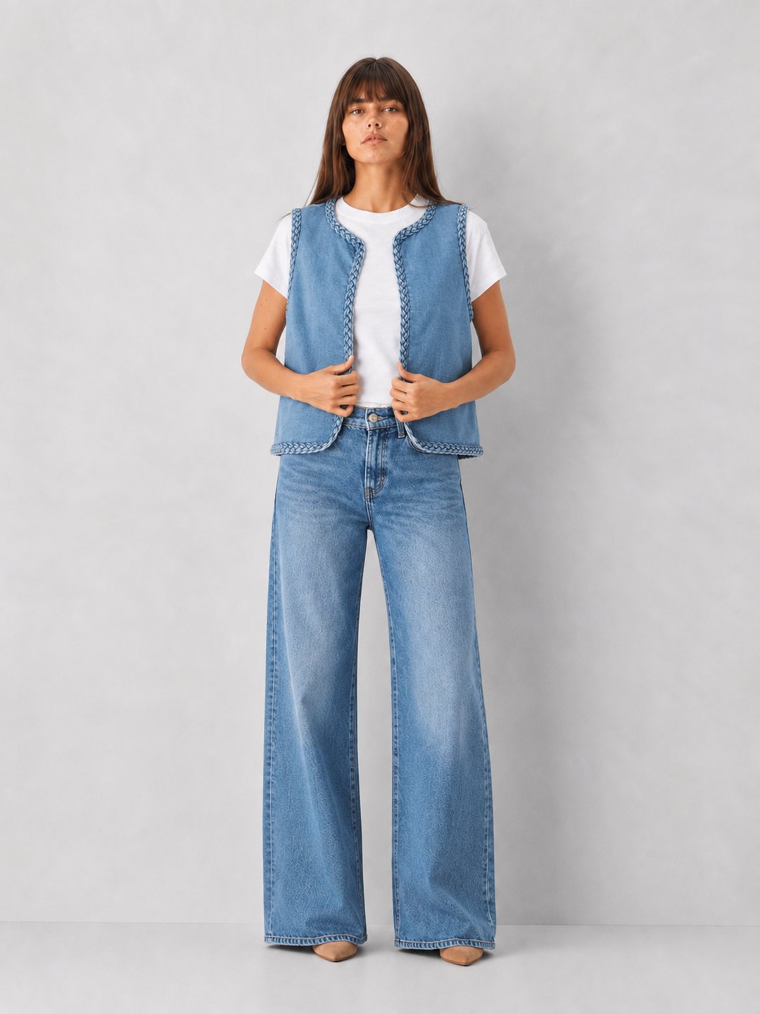 Open Denim Vest With Braided Detail