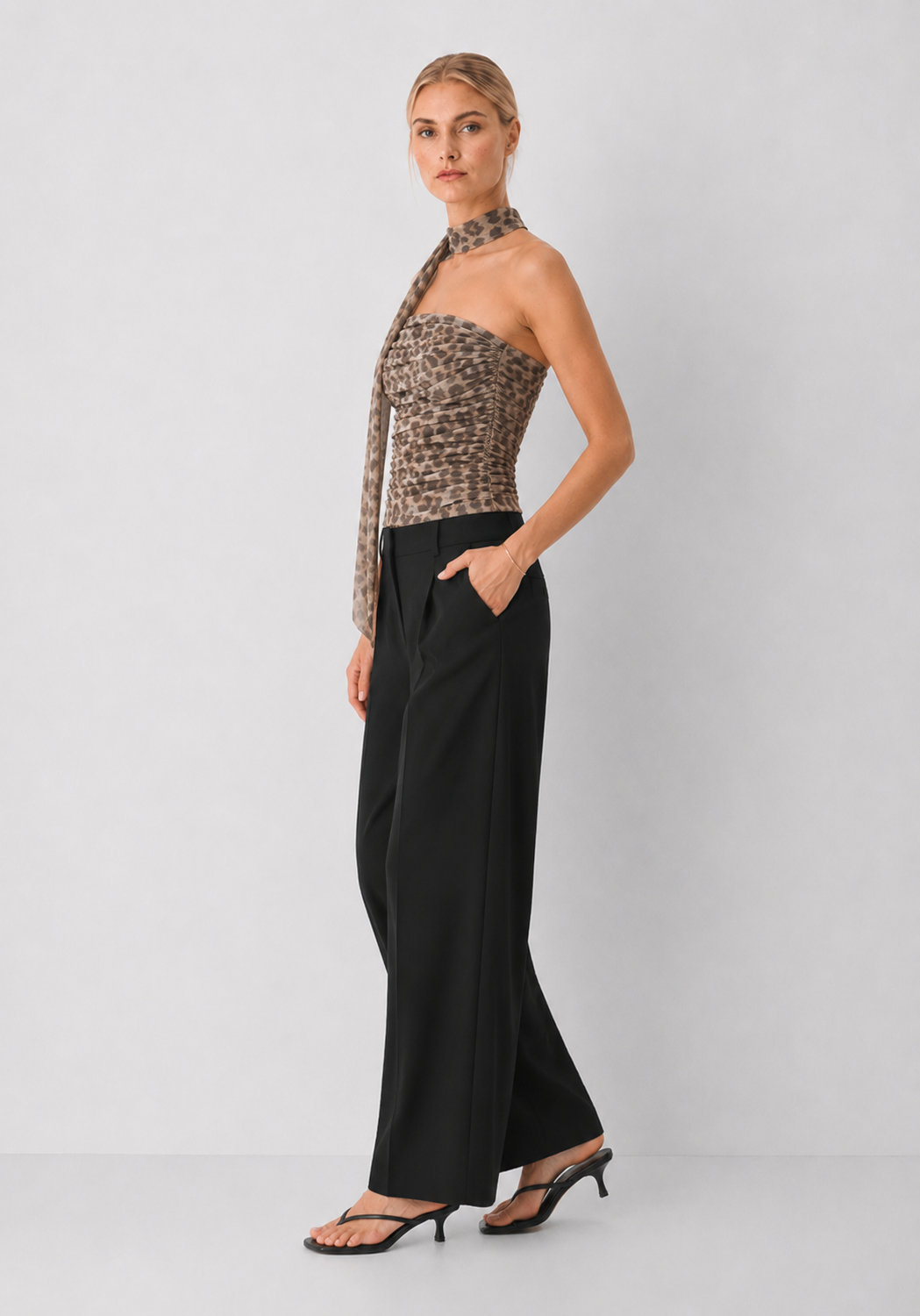 Ruched Tube Top with Tie Detail - Leopard